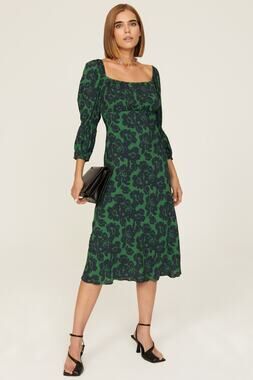 Peter Som Green Floral Print Crepe Long Sleeve Square Neck Midi Dress Size 6